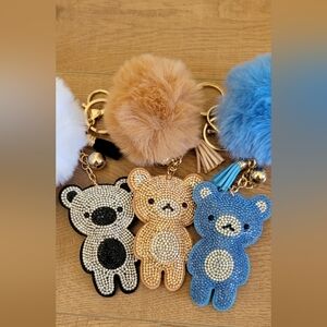 Teddy Bear Tassel Bell Fluffy Pom Pom Rhinestone Keychain Charm